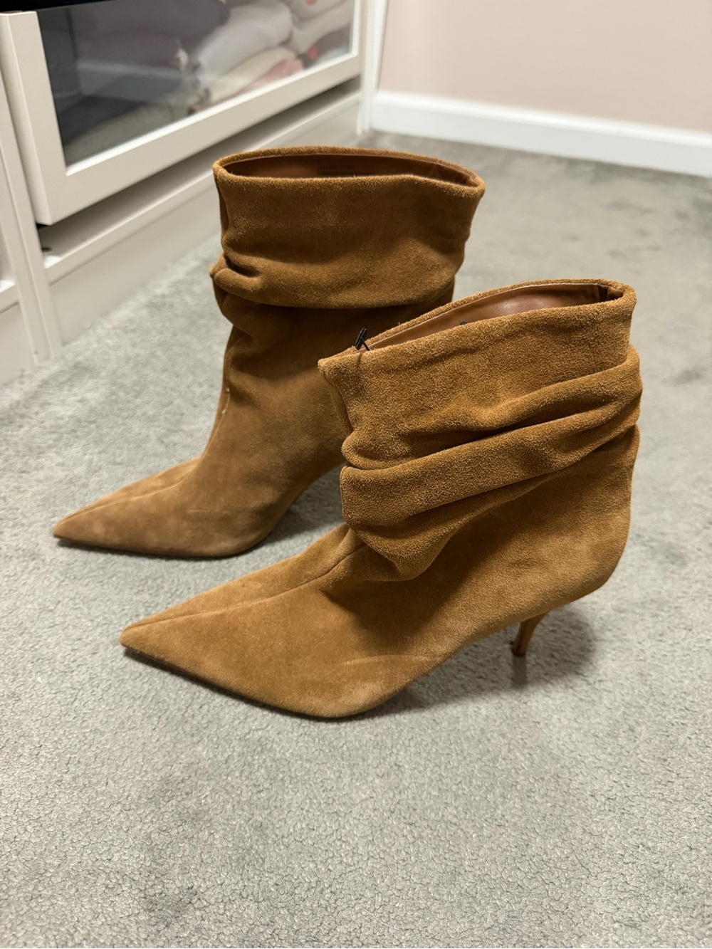 Suede Slouch Pointed-Toe Ankle Boots in Camel